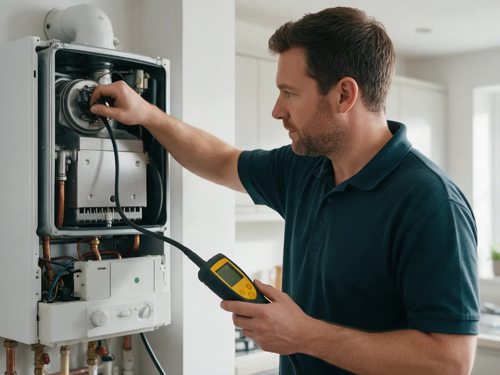 A heating engineer in a teal polo servicing a wall-mounted combi boiler in a bright kitchen