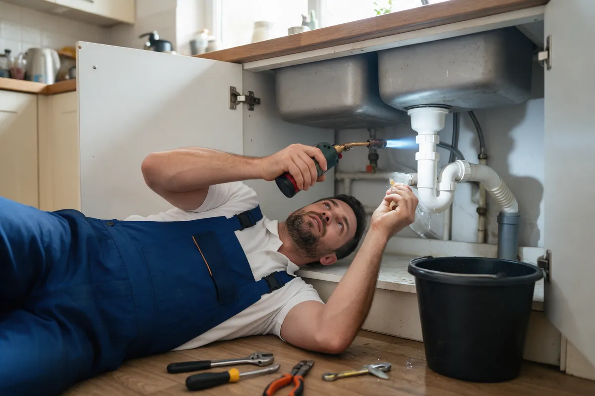 A plumber under a kitchen sink fixing a leaking waste pipe with a torch