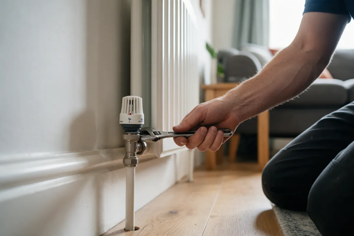 An engineer fitting a thermostatic valve to a white column radiator