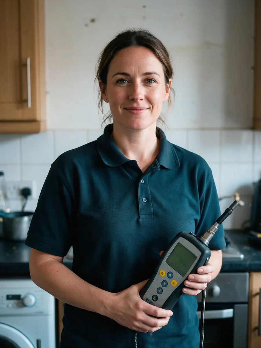 Cerys Howells holding a flue gas analyser in a kitchen