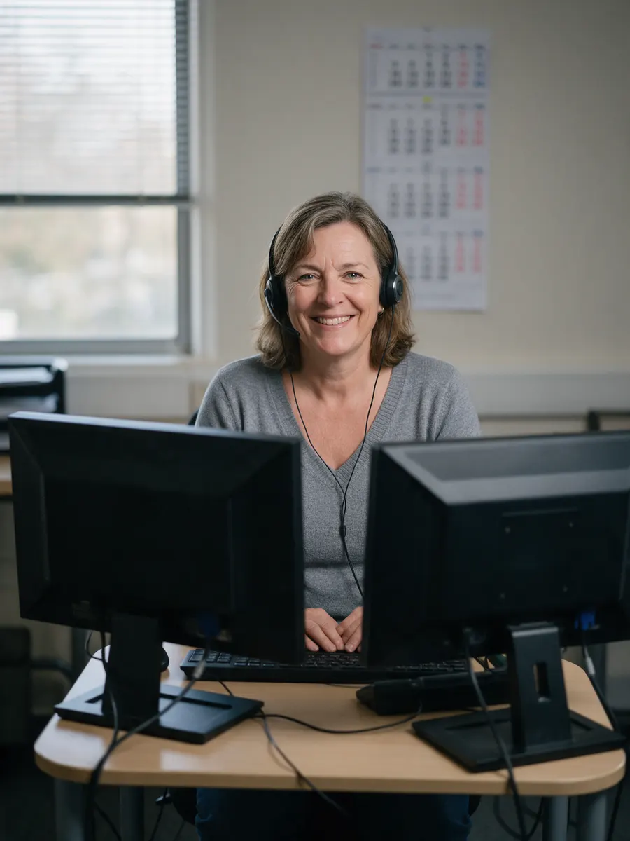 Mandy Price at the office desk with a headset