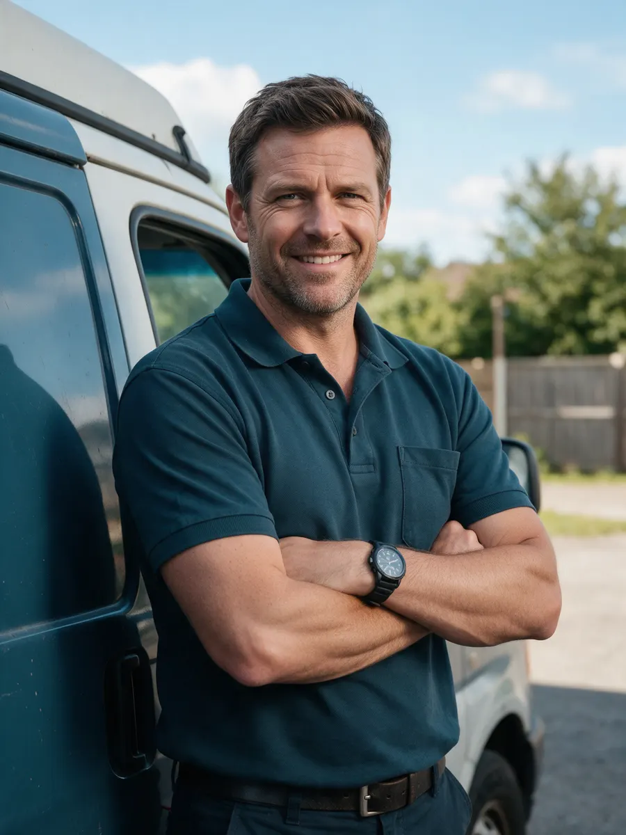 Rhodri Evans standing beside his van with arms folded