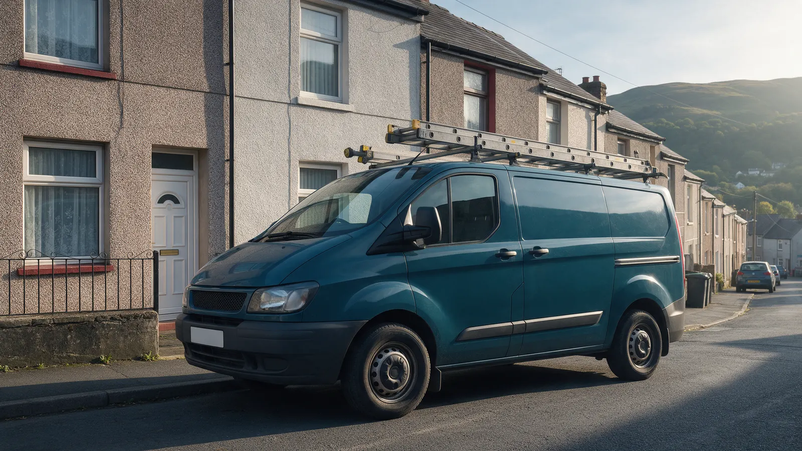 A dark teal plumber's van parked outside a terraced house in a valley street