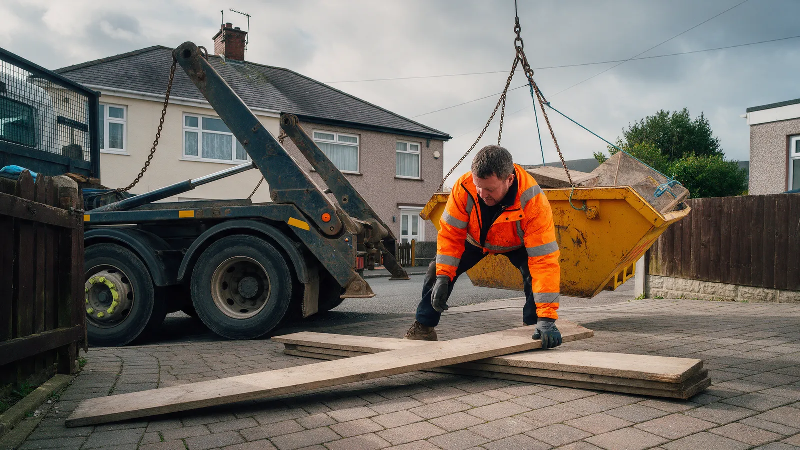 A skip lorry driver laying scaffold boards on a block-paved drive before the skip is set down