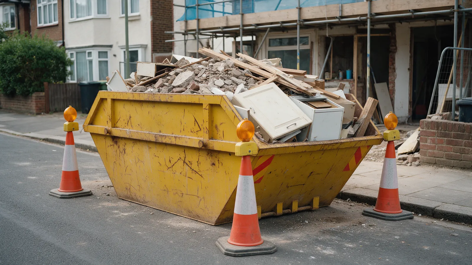 A yellow 8-yard builders skip on a residential street with orange cones and amber lights on its corners, full of rubble, timber and old kitchen units