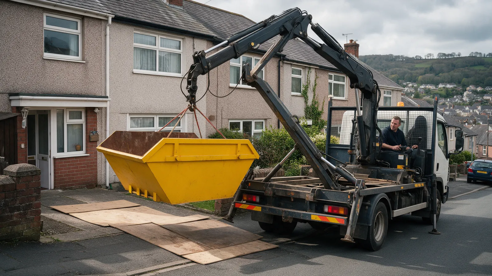 A skip lorry lowering a yellow skip onto boards on a terraced-house drive
