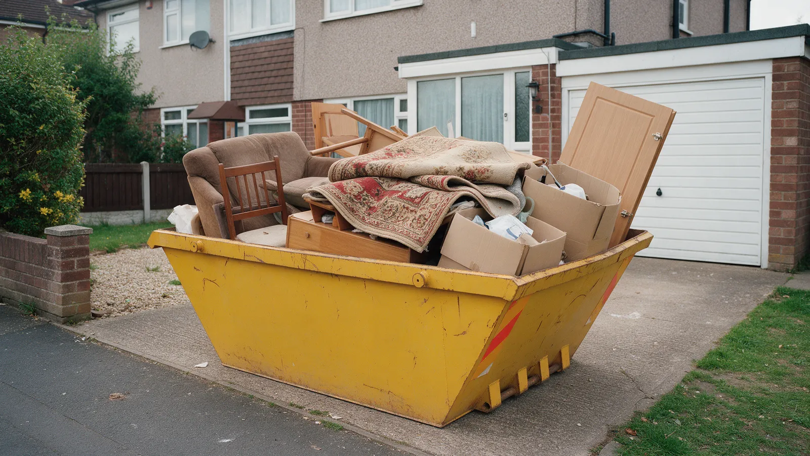 A tall yellow maxi skip on a drive filled with old furniture, carpets and boxes from a house clearance