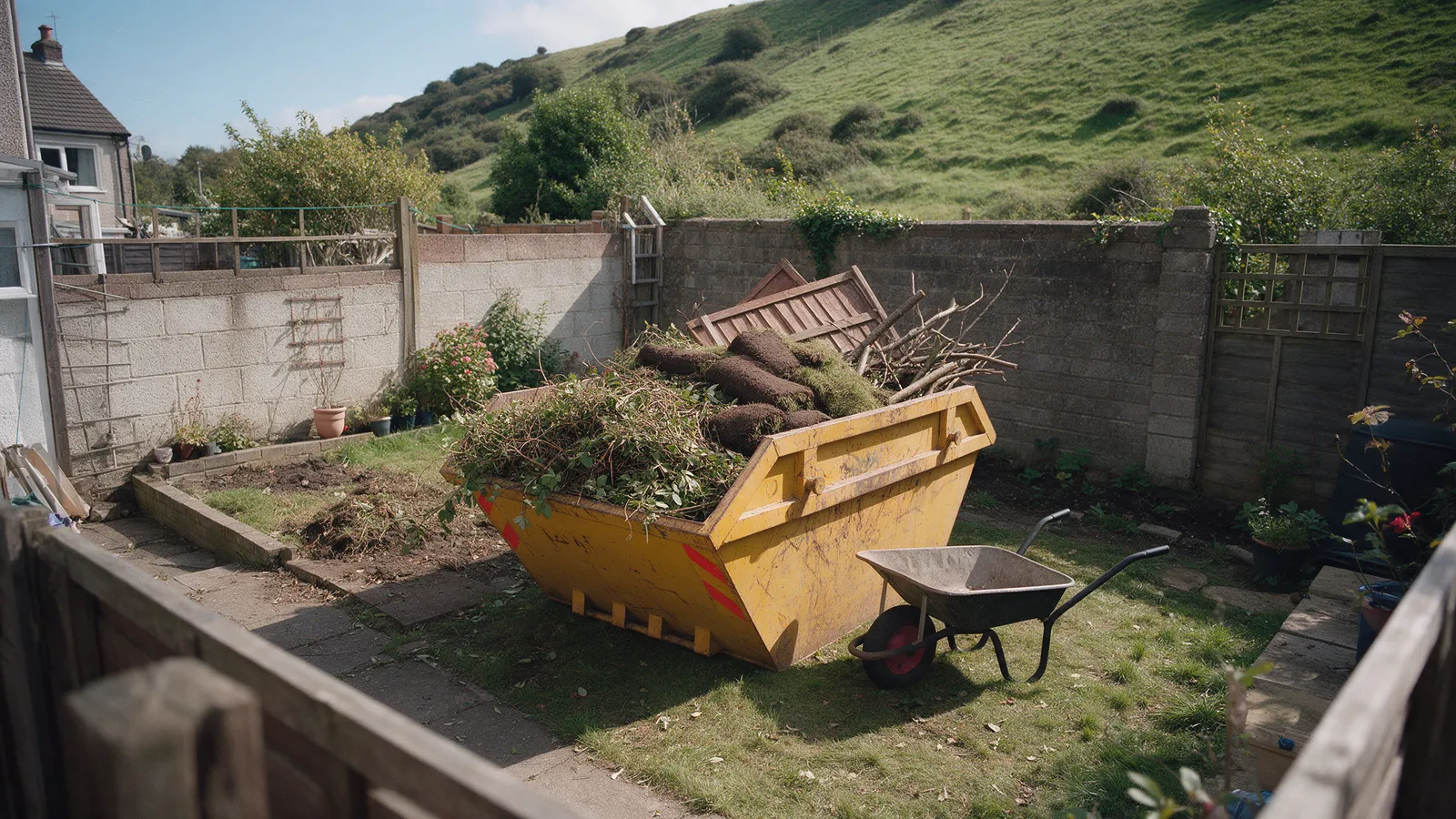 A yellow midi skip in a terraced-house back garden, half full of hedge cuttings, turf and old fence panels, the hillside behind
