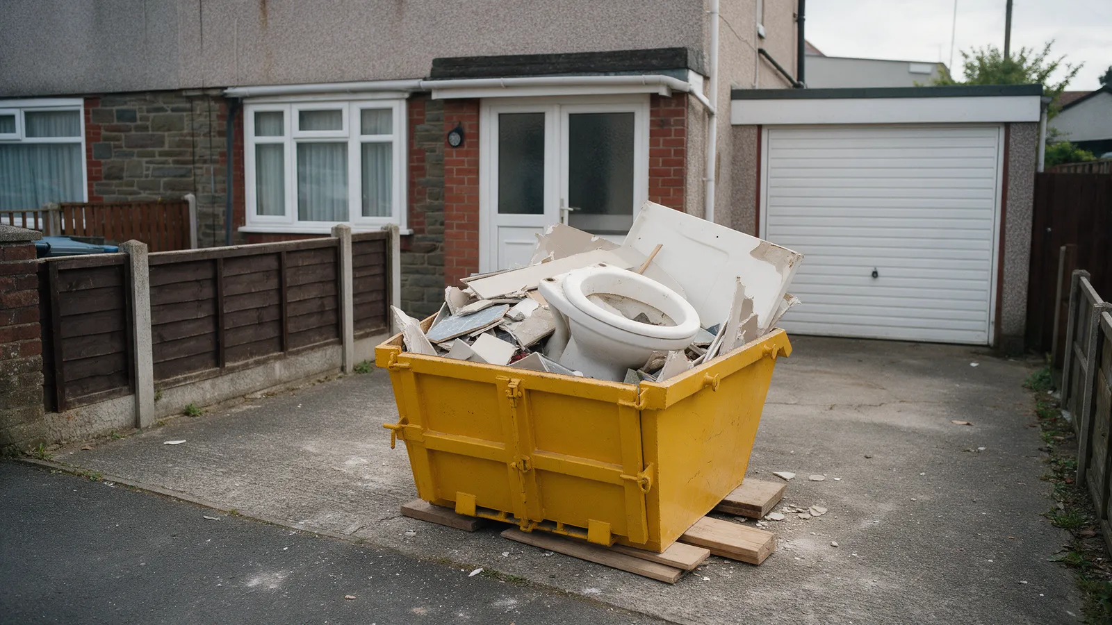 A yellow mini skip on a semi-detached house drive, filled with an old toilet, broken tiles and plasterboard, boards under its feet