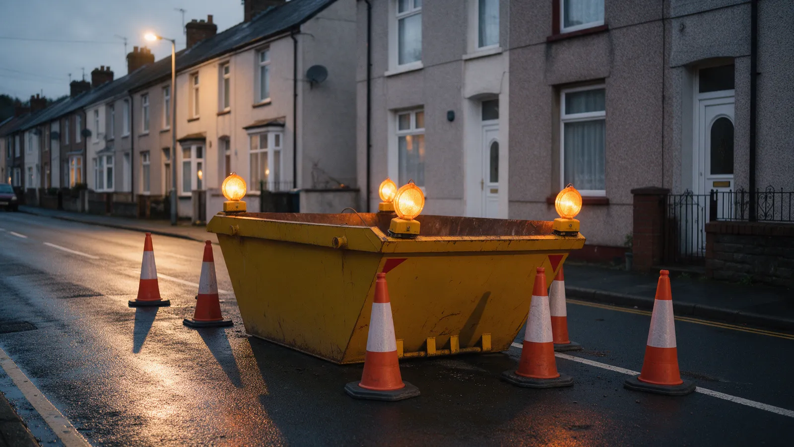 A yellow skip on a terraced street at dusk with amber lamps lit on its corners and cones around it