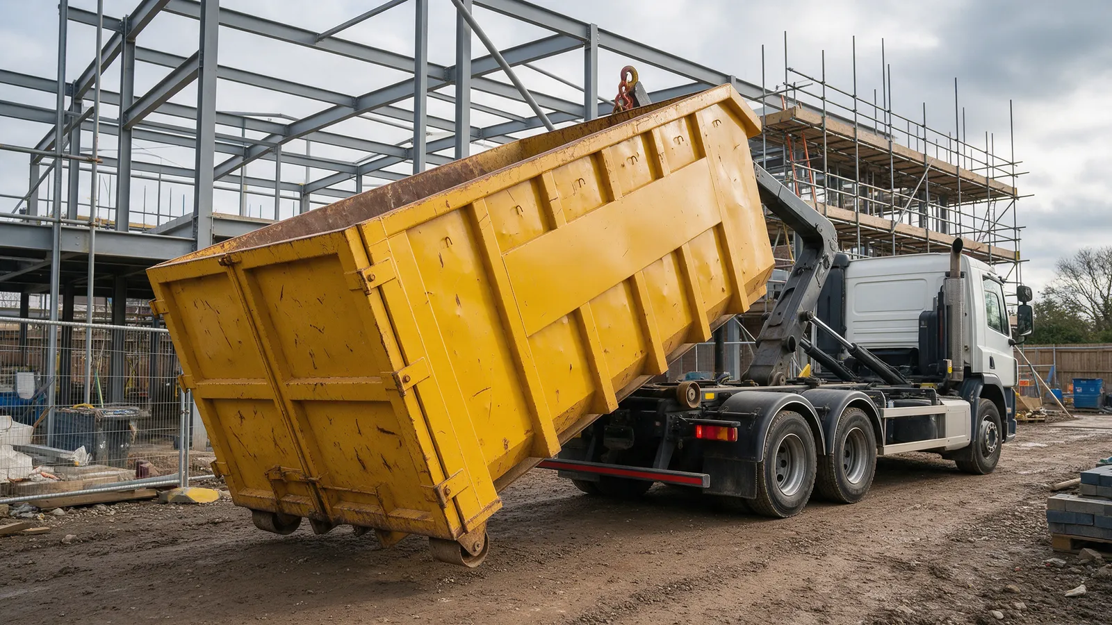 A large yellow open-top roll-on roll-off container being winched onto a hook-loader lorry on a building site