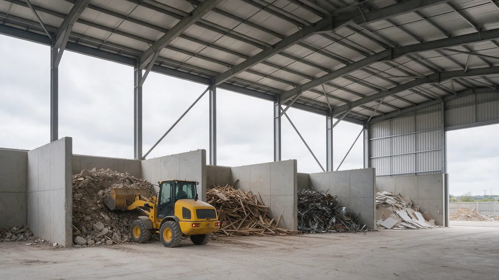 A transfer station with waste sorted into concrete bays: rubble, wood, metal and plasterboard, a loader moving a pile
