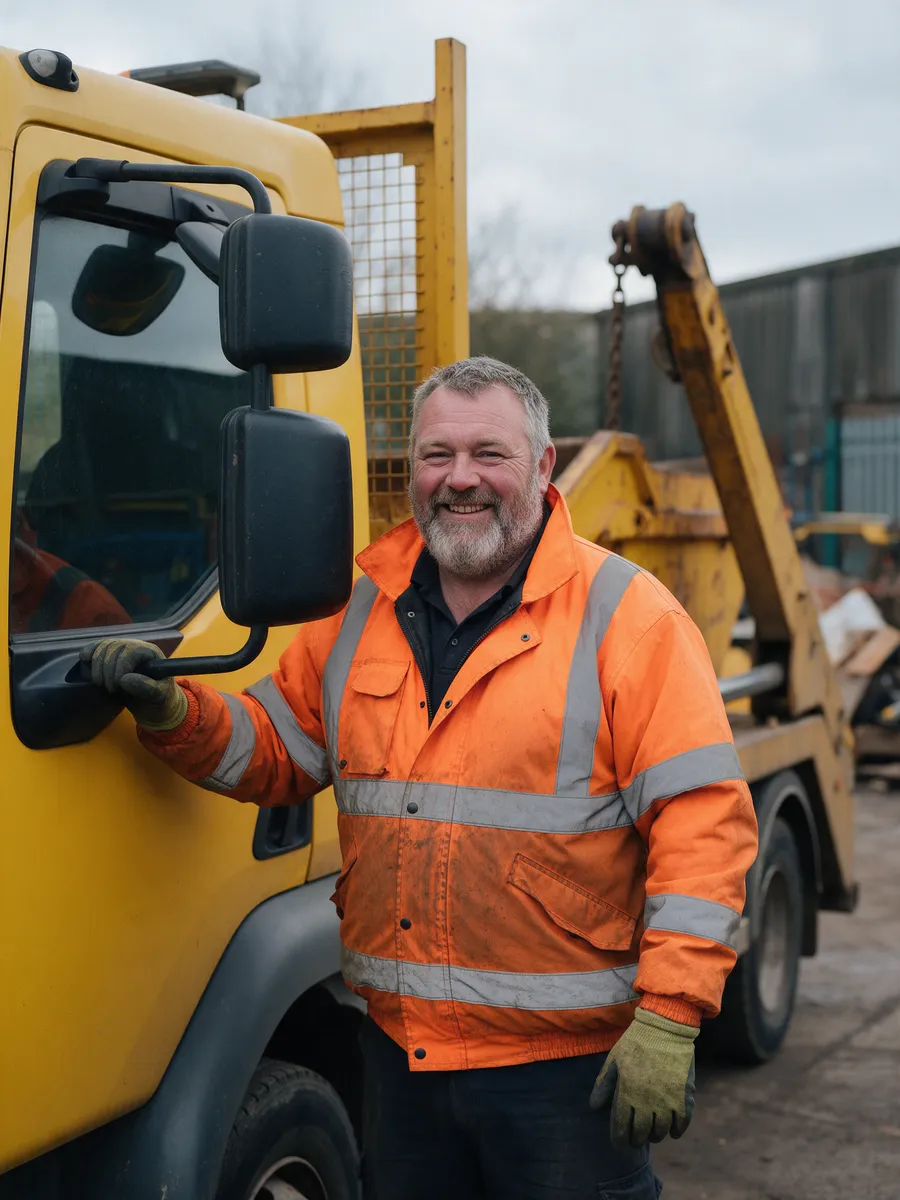Glyn Davies, a broad Welsh skip lorry driver of about fifty with a grey beard, in a hi-vis orange jacket beside a yellow lorry cab