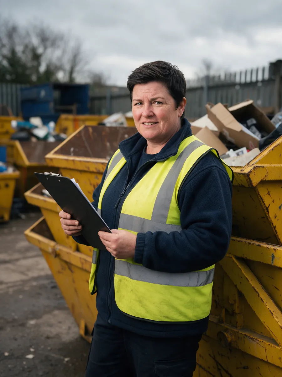 Sian Hopkins, a Welsh woman of about forty-five with short dark hair, in a hi-vis vest over a navy fleece, holding a clipboard in the skip yard