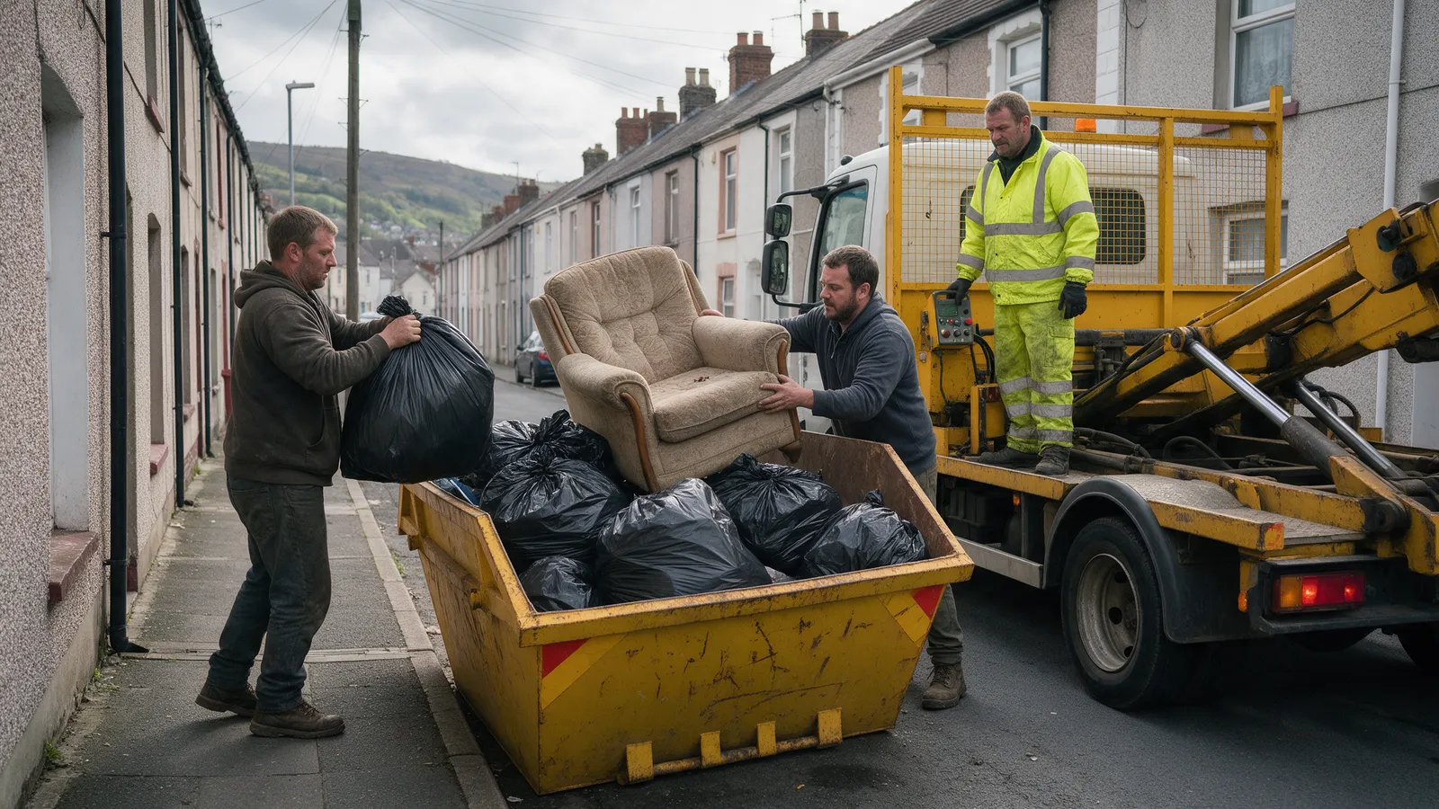 Two men loading rubbish into a yellow skip still on the arms of a skip lorry on a narrow terraced street