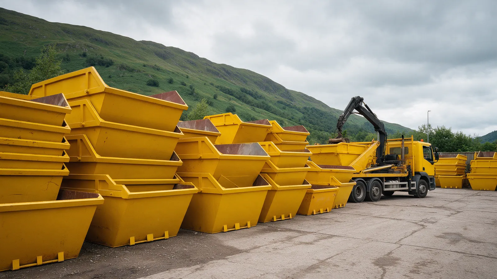 Rows of empty yellow skips stacked in a yard with a skip lorry, a green hillside behind