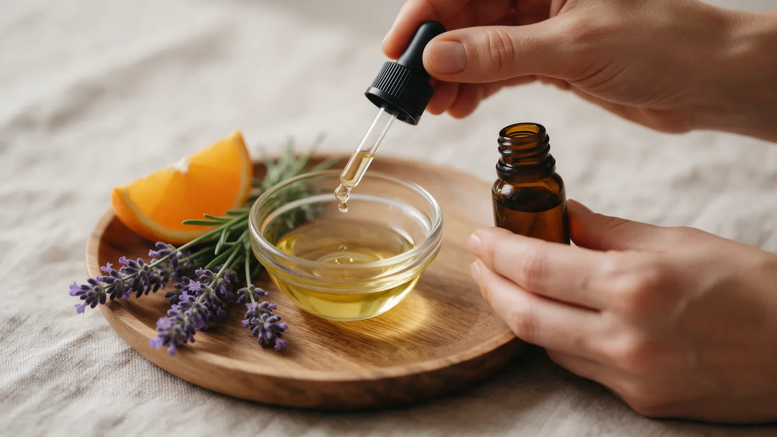 A therapist blending a few drops of essential oil from an unlabelled amber bottle into a small glass bowl of carrier oil, sprigs of lavender beside it