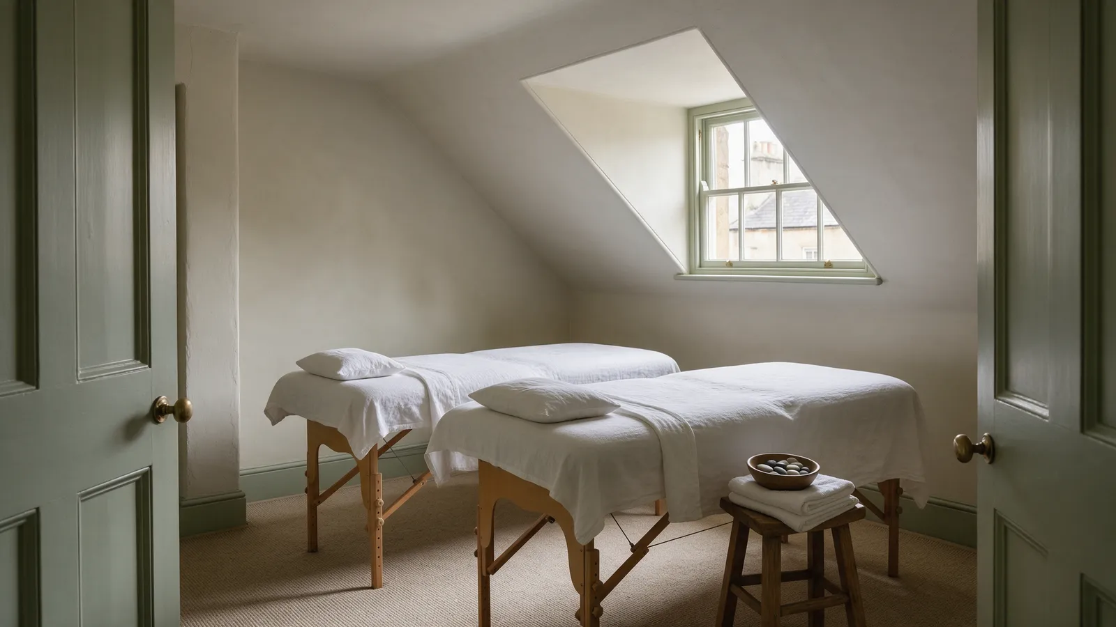 Two massage tables made up with white linen side by side in a calm attic room with a sloping ceiling, a window, and a bowl of smooth stones on a wooden stool
