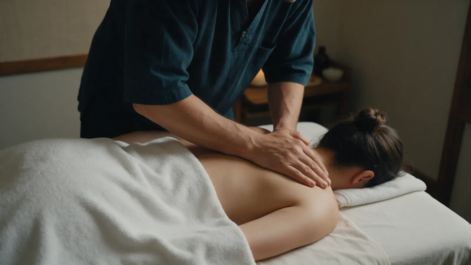 A massage therapist using his forearm to apply slow firm pressure along the shoulder of a client lying face down under a towel