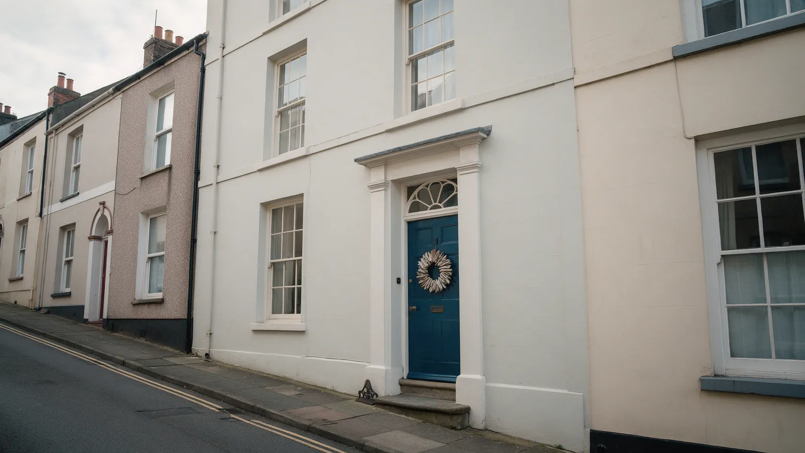 A Georgian townhouse on a sloping Newport street with a deep ink-coloured front door and a driftwood wreath