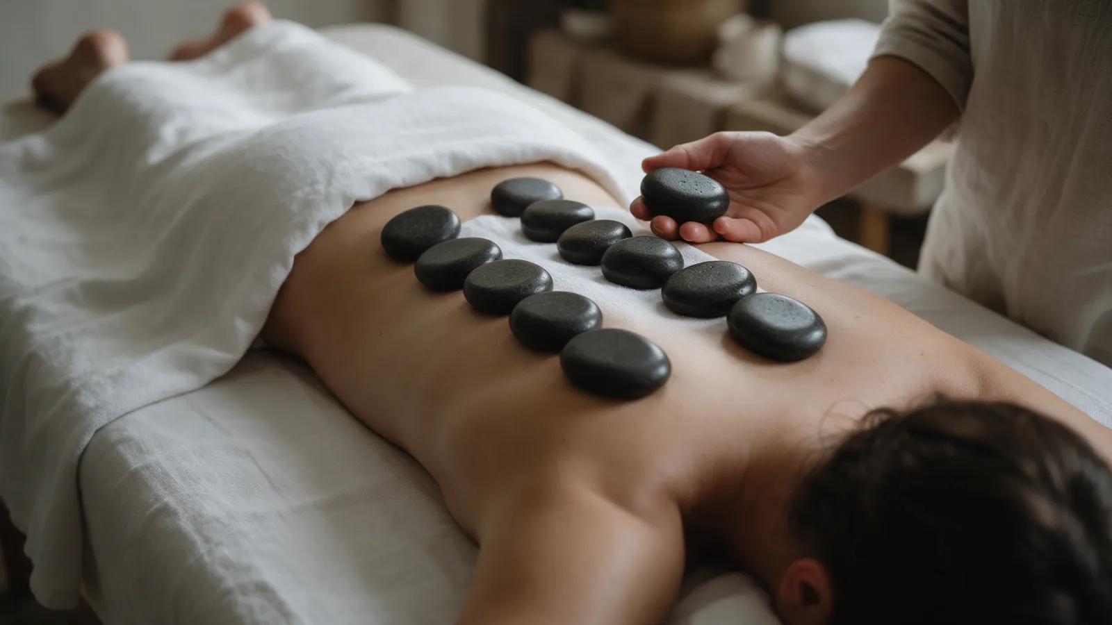 A row of smooth dark basalt stones placed along either side of the spine of a client lying face down under a towel, a therapist's hand resting beside them