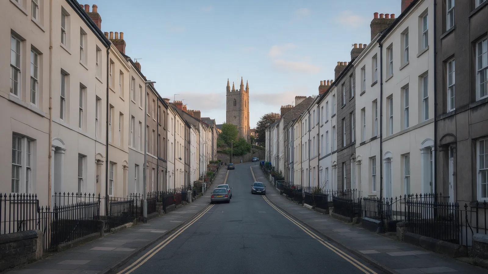A sloping street of Georgian and Victorian townhouses in Newport in soft evening light, a church tower at the top of the hill