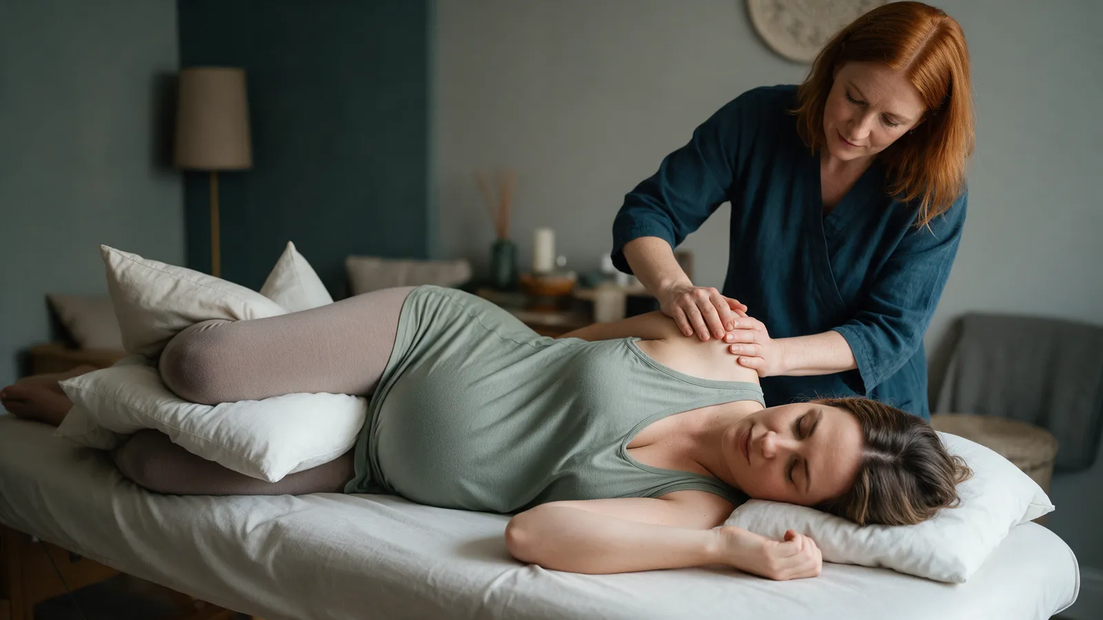 A pregnant woman lying on her side on a massage table propped with pillows, wearing a vest top, while a therapist massages her shoulder