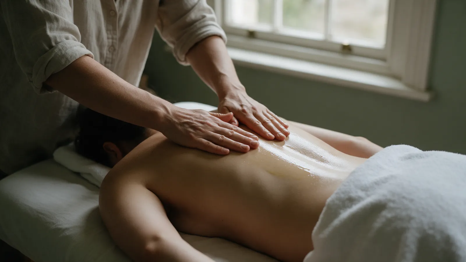 A massage therapist's hands smoothing warm oil across the upper back of a client lying face down, draped to the waist with a white towel, in a softly lit room