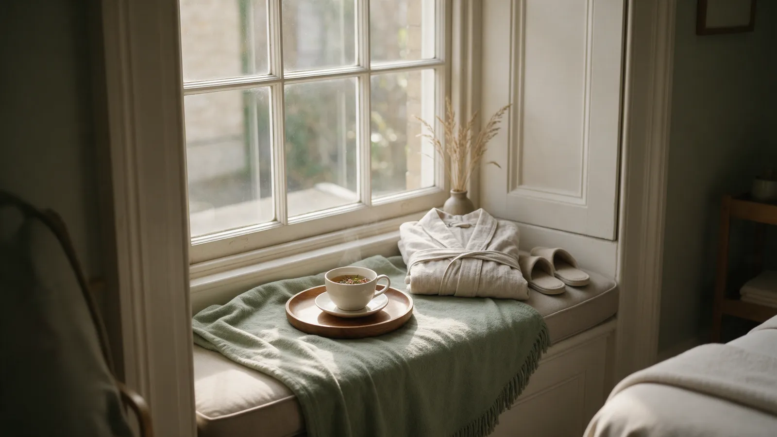 A cup of herbal tea on a wooden tray beside a folded linen robe in a quiet relaxation corner with a window