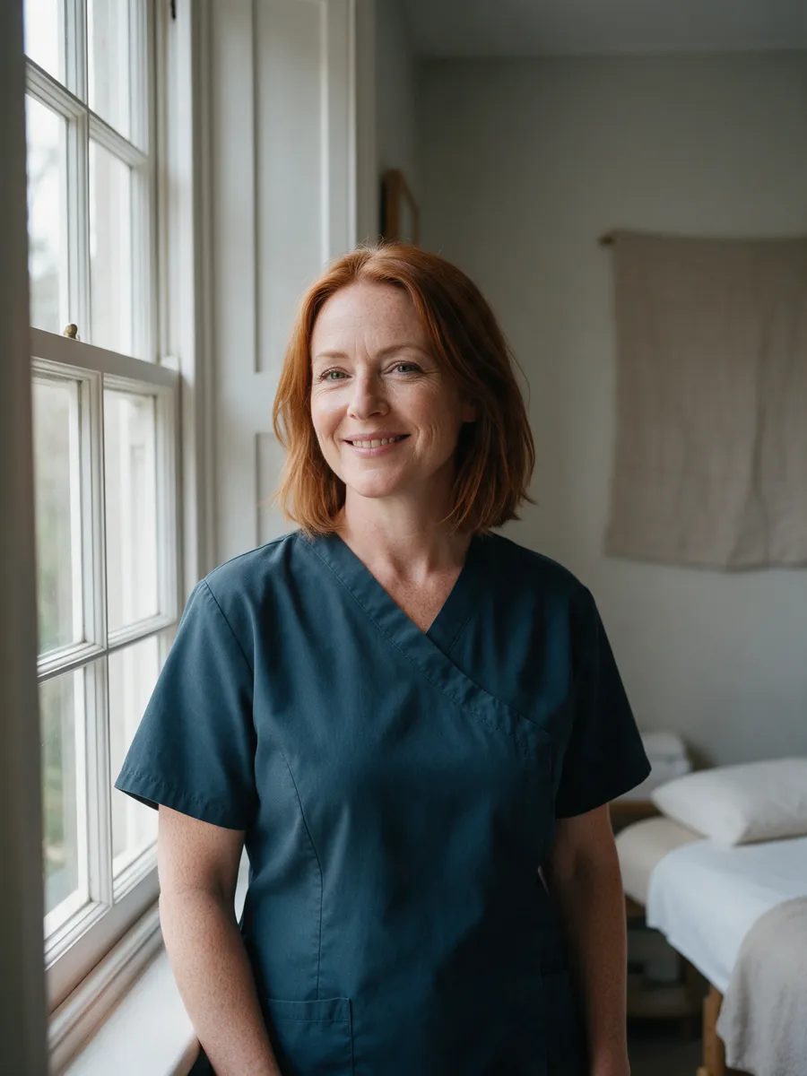 Nia Pugh, a massage therapist in her mid forties with shoulder-length auburn hair, in a deep ink-coloured tunic, standing by a window in a calm treatment room
