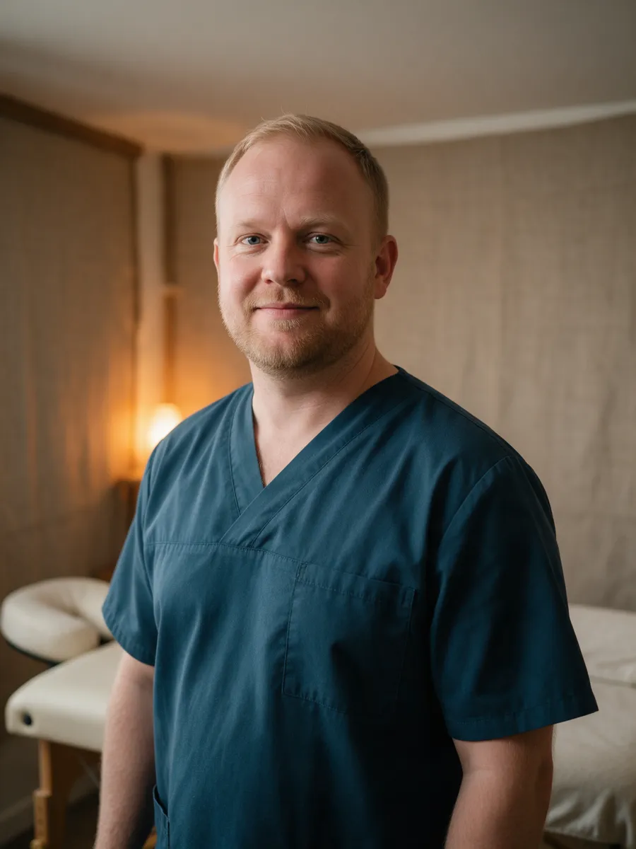 Tomos Lloyd, a massage therapist in his mid thirties with a stocky build, short fair hair and a short beard, in a deep ink-coloured tunic, in a treatment room with warm lighting
