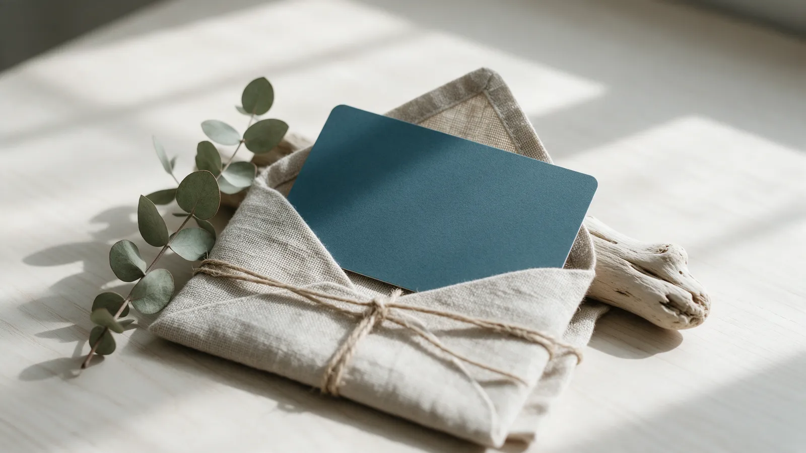 A gift voucher in a linen envelope tied with twine, a sprig of dried eucalyptus and a small piece of driftwood beside it on a wooden table