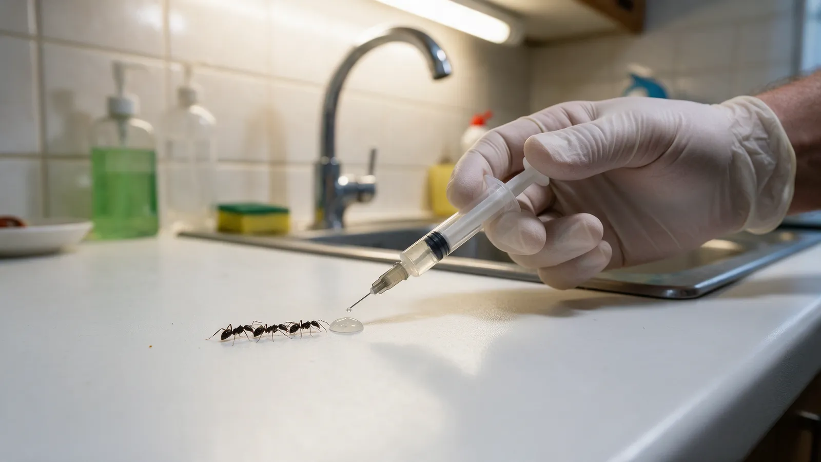 A gloved hand applying a small dot of clear gel bait with a syringe beside a trail of black ants on a white kitchen worktop