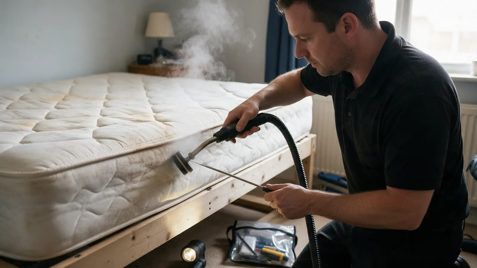 A pest control technician in a black polo shirt steaming the seams of a stripped mattress in a small bedroom, the bed frame bare