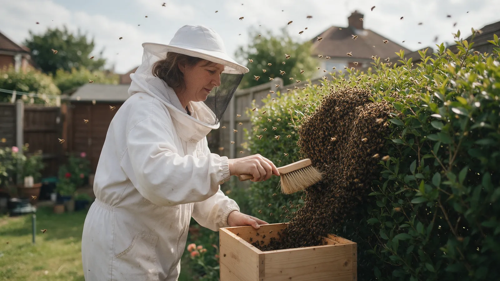 A beekeeper in a white suit brushing a honeybee swarm from a garden hedge into a wooden collection box