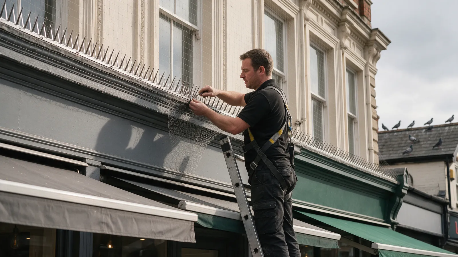 A technician in a black polo and harness on a ladder fitting stainless steel anti-pigeon spikes and netting along the ledge of a Victorian building above shop awnings