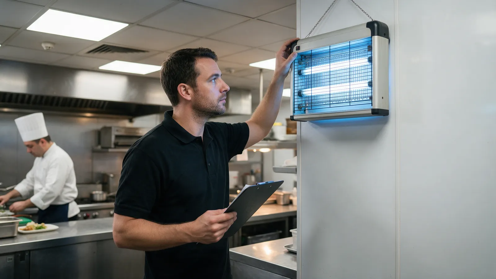 A pest control technician in a black polo shirt with a clipboard checking a wall-mounted electric fly killer in a stainless steel restaurant kitchen, a chef in the background