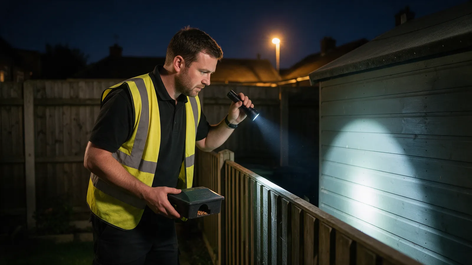 A pest control technician in a yellow hi-vis vest at night in a back garden shining a torch along a fence and a shed base, a bait station in his hand