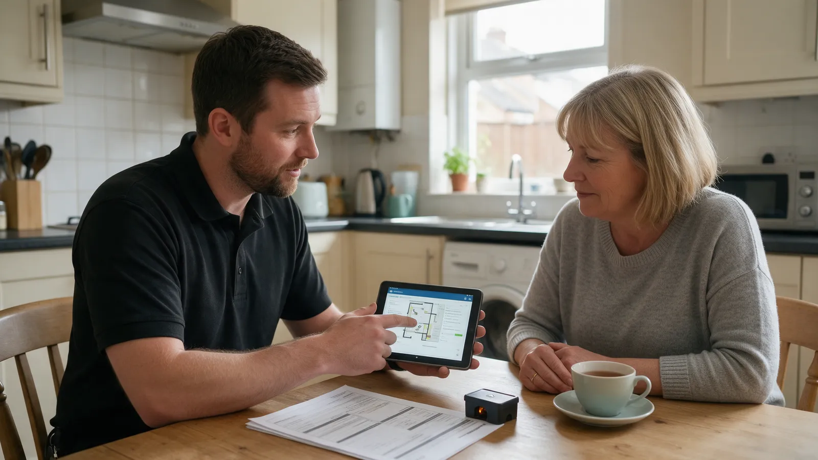 A pest control technician showing a tablet report to a homeowner at her kitchen table