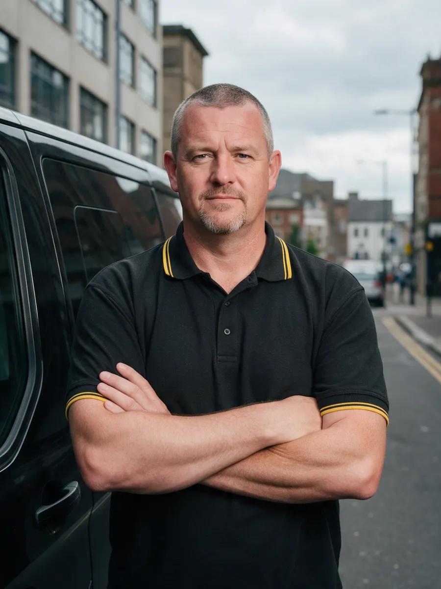 Marc Pugh, a Welsh man in his late forties with close-cropped greying hair and a short goatee, in a black polo shirt with yellow trim, arms folded beside a black van