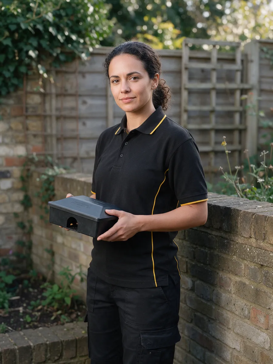 Nia Rahman, a woman in her early thirties with dark curly hair tied back, in a black polo shirt with yellow trim, holding a black bait station by a garden wall