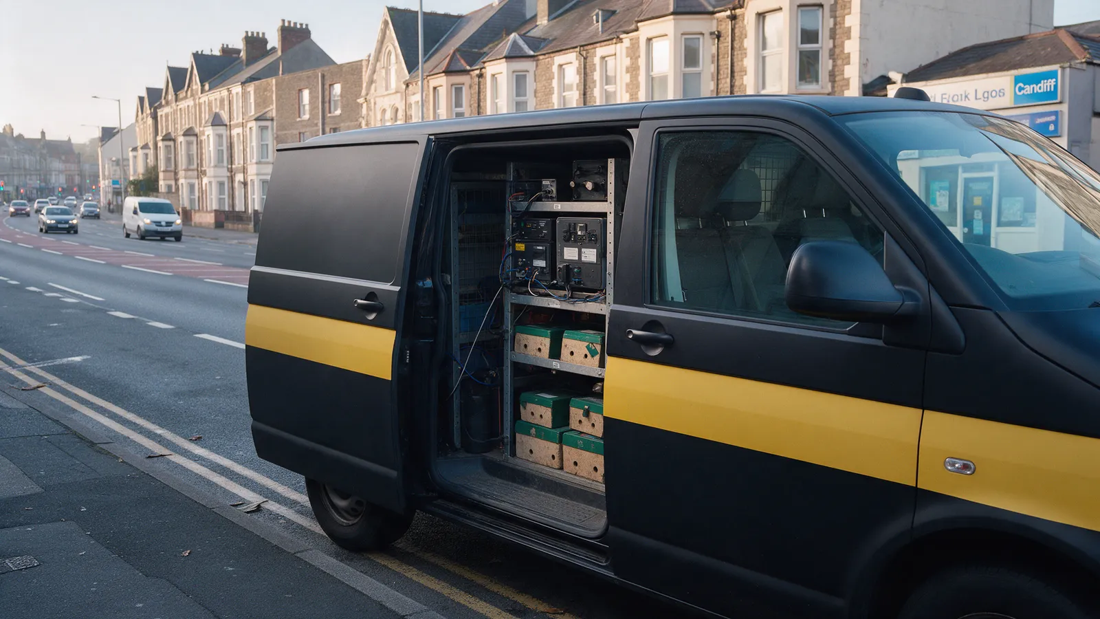 A black van with a yellow side stripe outside a small shopfront office on a Cardiff arterial road, the side door open to racked equipment
