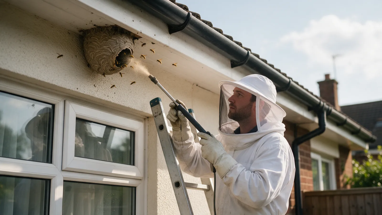 A pest control technician in a white bee suit on a ladder treating a wasp nest under the eaves of a semi with a long dusting lance, wasps around the entrance