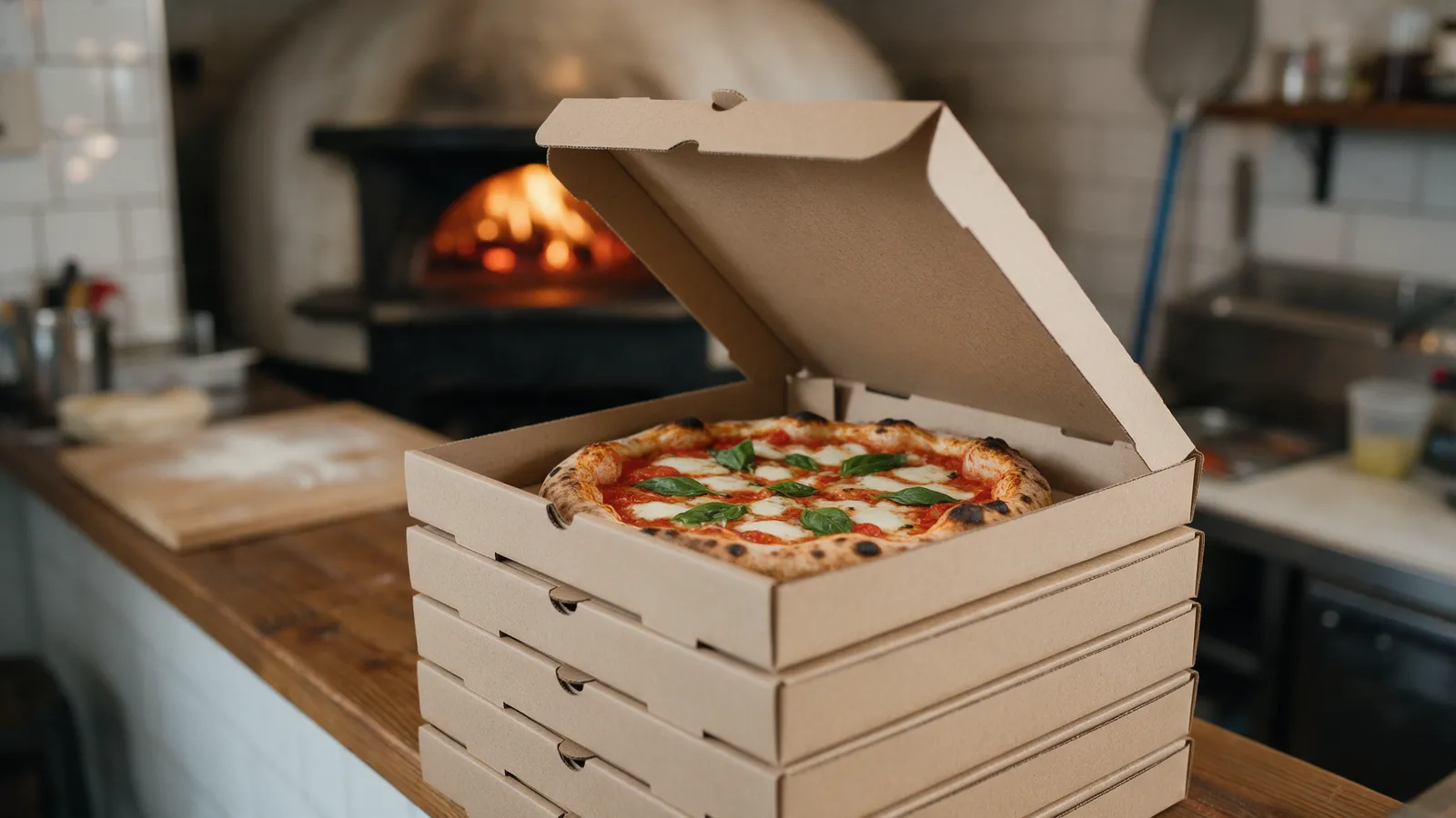 A stack of plain kraft pizza boxes on a wooden counter by the warm glow of an oven, one box open with a fresh wood-fired pizza inside