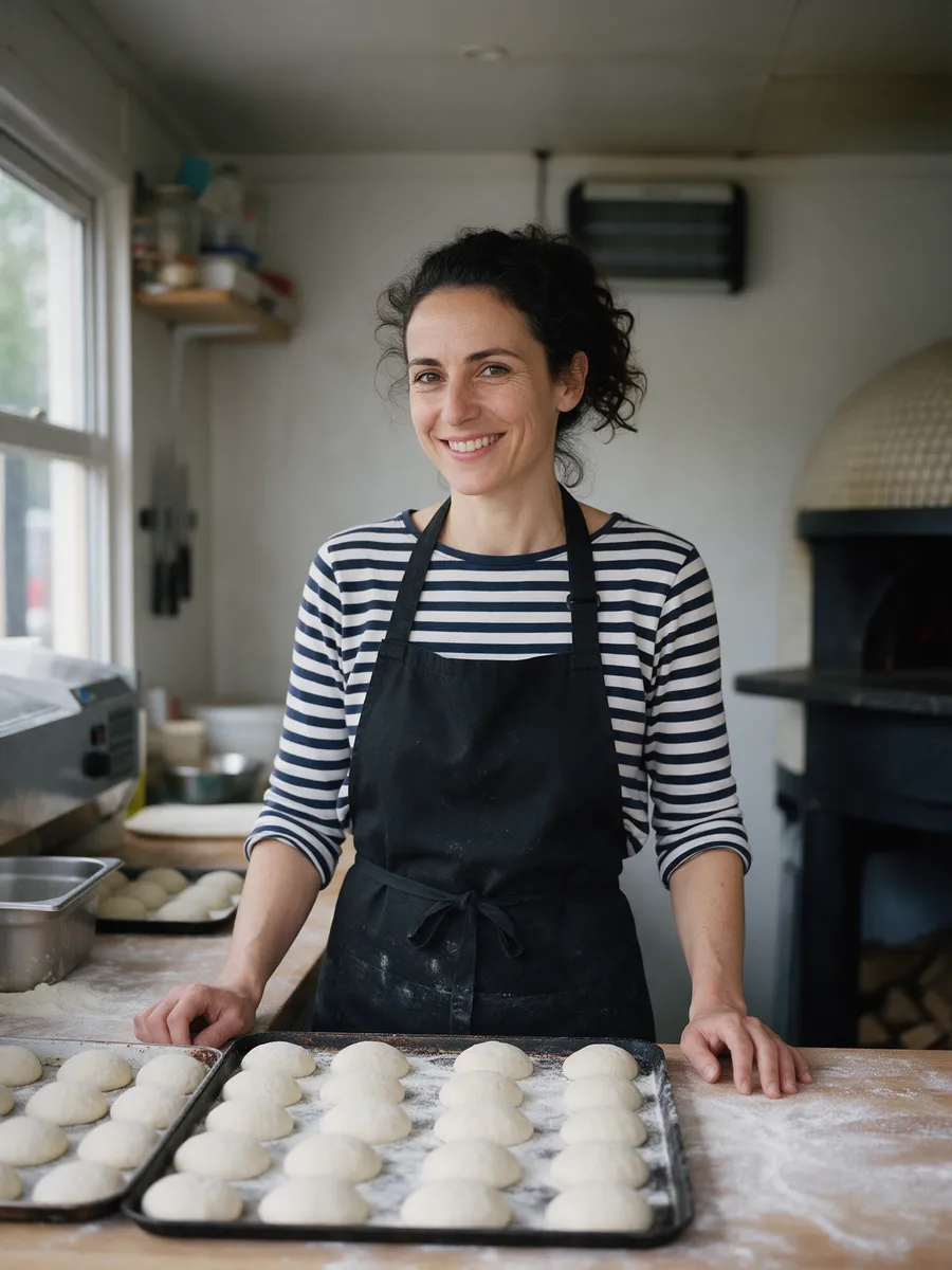 A woman in her mid thirties with dark curly hair tied back, a black apron over a striped shirt, smiling at a floured counter with dough balls in trays