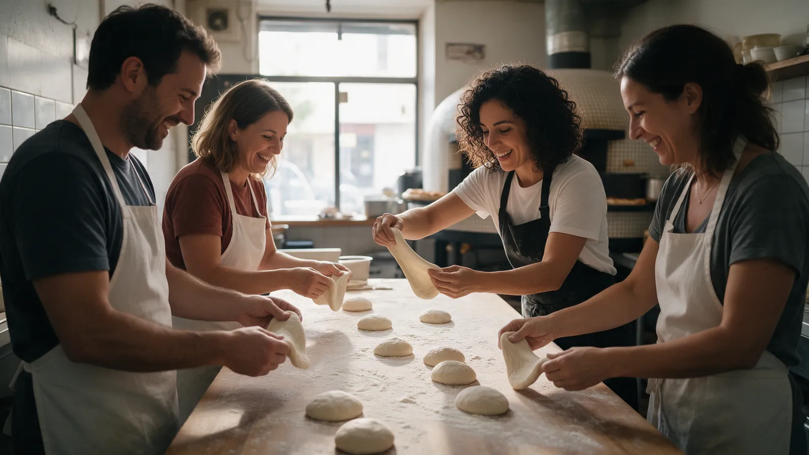 Four adults in aprons at a long floured table in a small pizza shop stretching dough balls by hand, a teacher in a black apron showing them, morning light