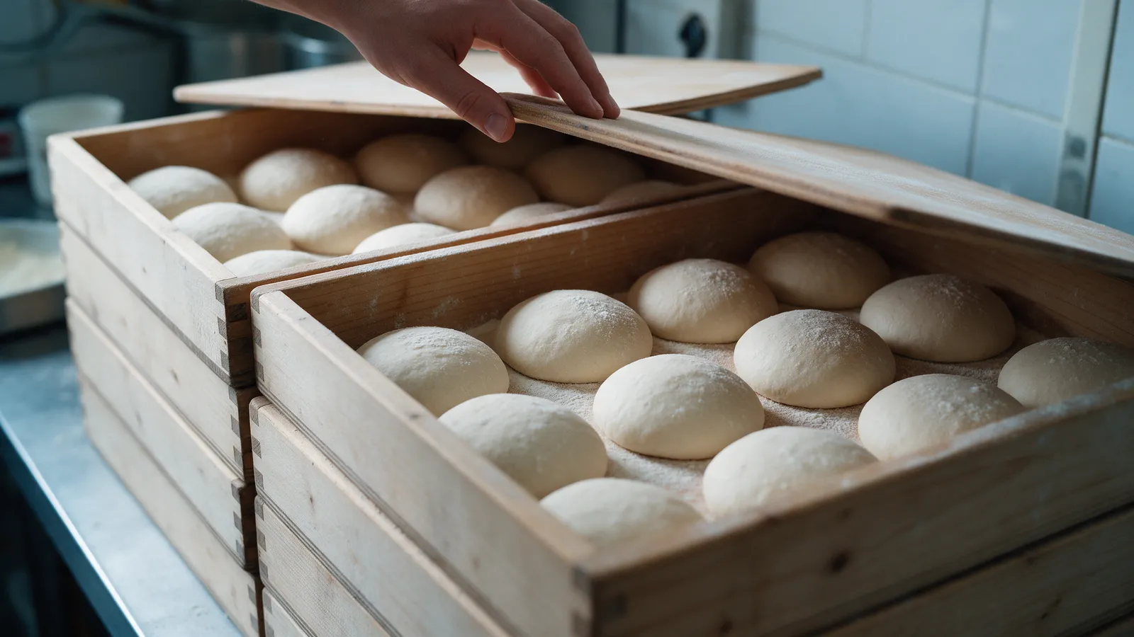 Rows of round dough balls proving in stacked wooden trays in a cool back kitchen, a dusting of flour, a hand lifting one tray lid