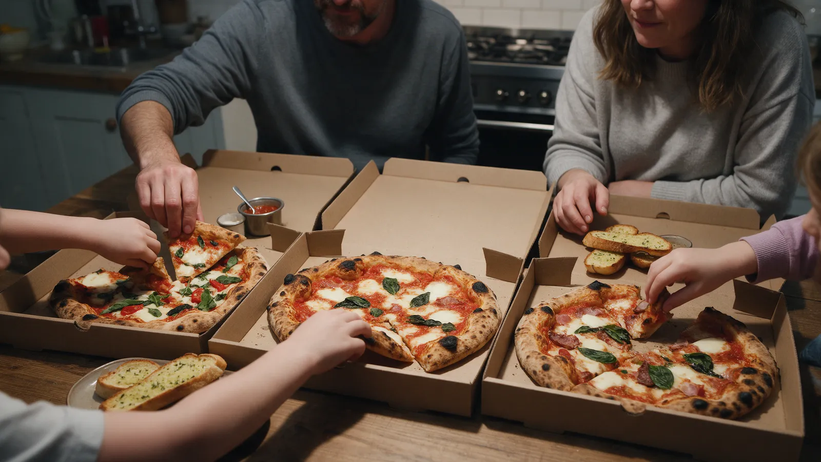 A family's kitchen table with three open pizza boxes, a wood-fired pizza in each, garlic bread and small pots of dip, children's hands reaching for slices