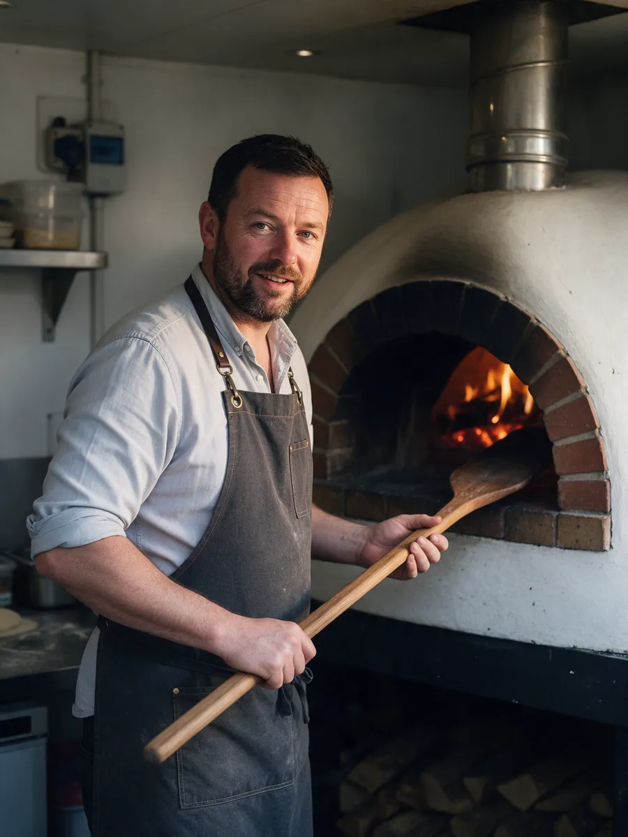 A man in his early forties with a short dark beard and a charcoal apron beside a brick pizza oven