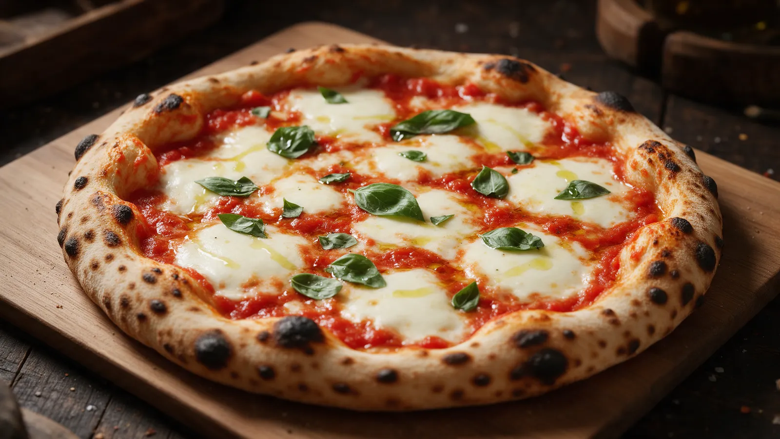 A wood-fired margherita pizza on a wooden board, leopard-spotted puffy crust, melted fior di latte, fresh basil leaves and a drizzle of olive oil